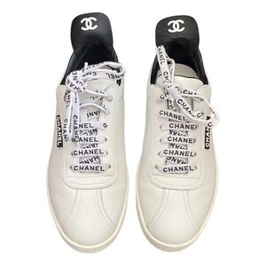 CHANEL White and Black Logo Sneakers